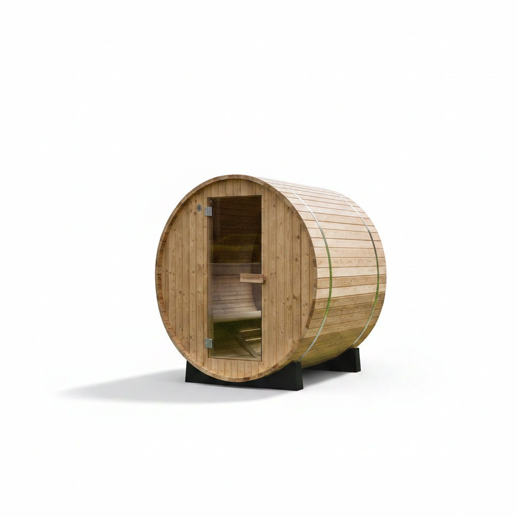 WOODBRIDGE 2-Person Luxury Finland Thermo Pine Outdoor Barrel Sauna with Half View Window, Harvia Electric Heater, Sauna Accessories Kit and Asphalt Shingle Roof, 4'X6'