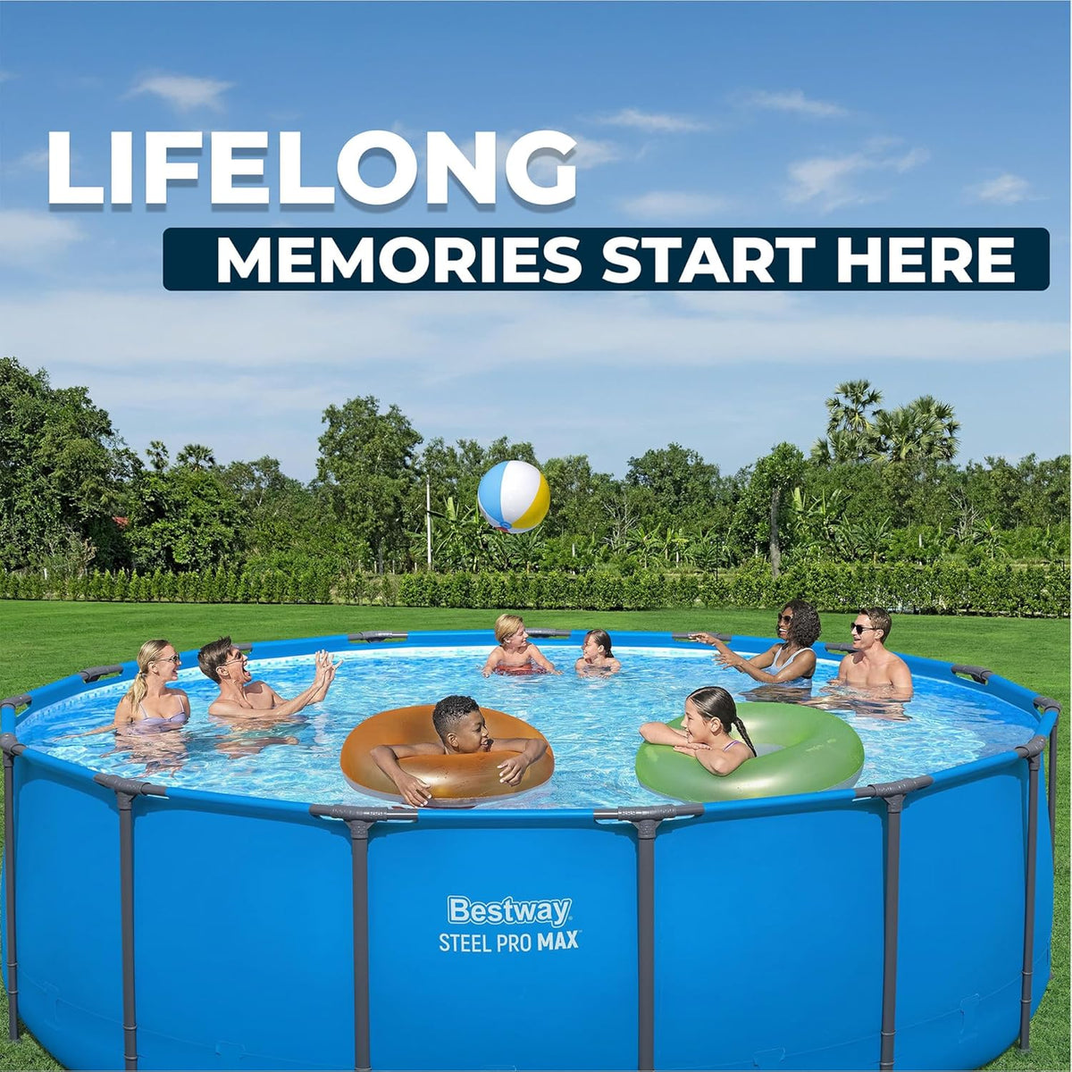 Steel Pro MAX 15’ X 48 above Ground Swimming Pool, Pool Only, Blue | round Durable Metal Frame Pool, Outdoor Backyard Water Activity - Includes Puncture-Resistant Liner, No-Tool Setup