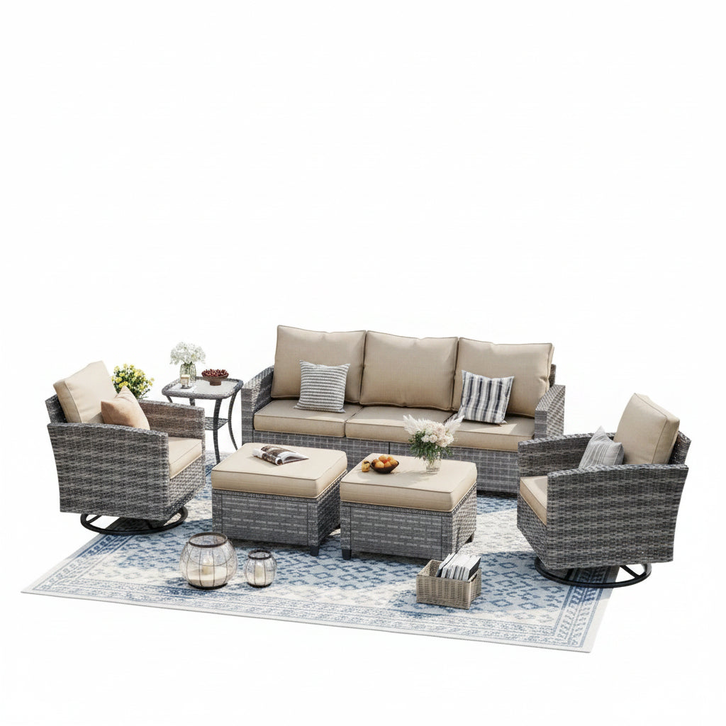Patio Furniture Set, 6 Pieces Outdoor Patio Set, All-Weather Wicker Rattan Outdoor Furniture Set with Swivel Chairs for Poolside, Backyard, Gray Wicker Khaki Cushions