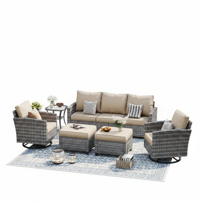 Patio Furniture Set, 6 Pieces Outdoor Patio Set, All-Weather Wicker Rattan Outdoor Furniture Set with Swivel Chairs for Poolside, Backyard, Gray Wicker Khaki Cushions