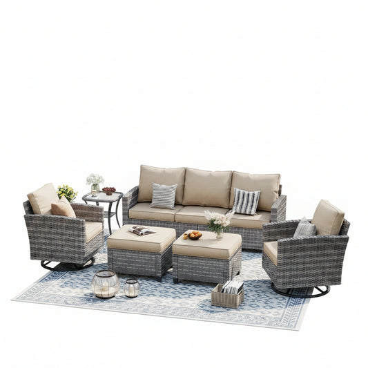 Patio Furniture Set, 6 Pieces Outdoor Patio Set, All-Weather Wicker Rattan Outdoor Furniture Set with Swivel Chairs for Poolside, Backyard, Gray Wicker Khaki Cushions