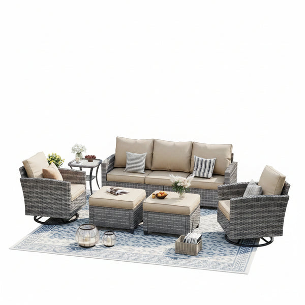 Patio Furniture Set, 6 Pieces Outdoor Patio Set, All-Weather Wicker Rattan Outdoor Furniture Set with Swivel Chairs for Poolside, Backyard, Gray Wicker Khaki Cushions