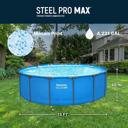 Steel Pro MAX 15’ X 48 above Ground Swimming Pool, Pool Only, Blue | round Durable Metal Frame Pool, Outdoor Backyard Water Activity - Includes Puncture-Resistant Liner, No-Tool Setup