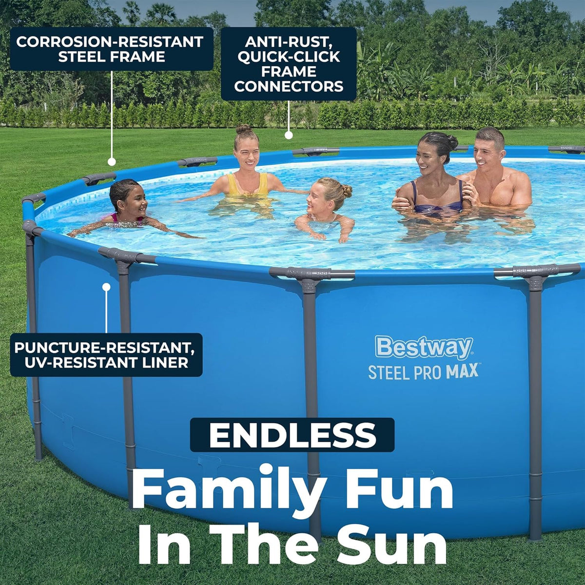 Steel Pro MAX 15’ X 48 above Ground Swimming Pool, Pool Only, Blue | round Durable Metal Frame Pool, Outdoor Backyard Water Activity - Includes Puncture-Resistant Liner, No-Tool Setup