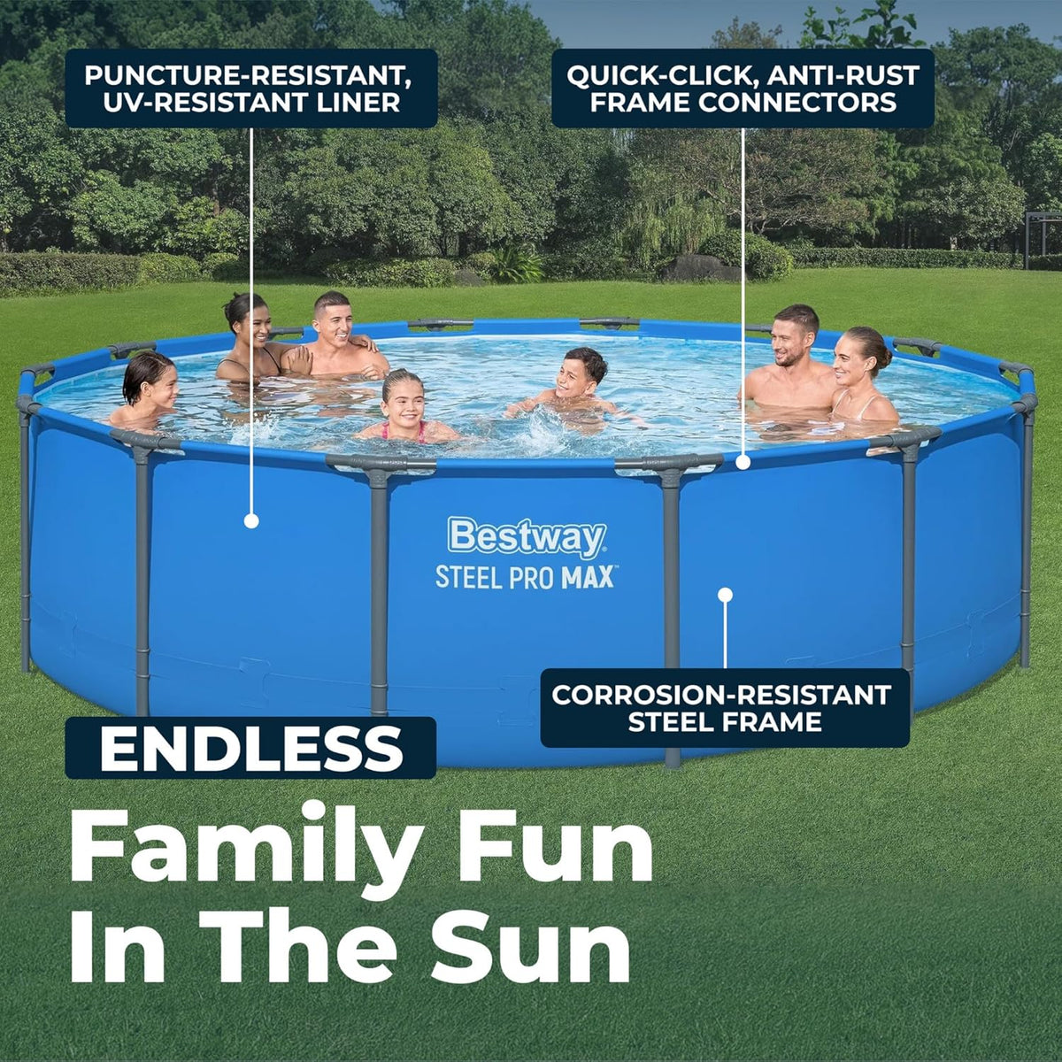 Steel Pro MAX 14’ X 42 above Ground Swimming Pool, Pool Only, Blue | round Durable Metal Frame Pool, Outdoor Backyard Water Activity - Includes Puncture-Resistant Liner, No-Tool Setup