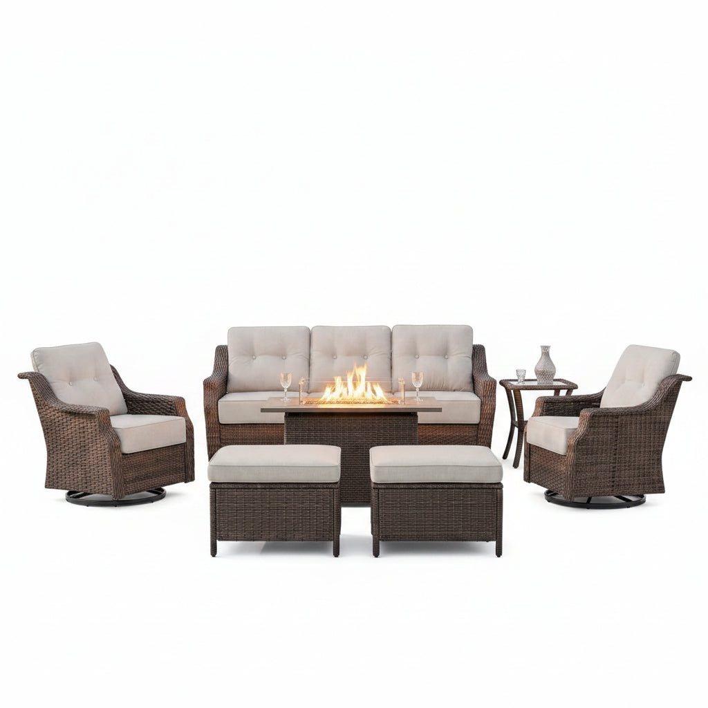 Luxurious 7 Piece Patio Furniture Set with Fire Pit Table, High Back Wicker Swivel Rocker Glider Outdoor Chairs with 6" Cushion, All-Weather Patio Conversation Set for Yard Garden - Brown/Beige