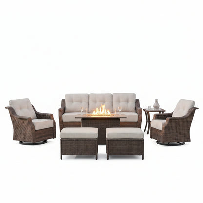Luxurious 7 Piece Patio Furniture Set with Fire Pit Table, High Back Wicker Swivel Rocker Glider Outdoor Chairs with 6" Cushion, All-Weather Patio Conversation Set for Yard Garden - Brown/Beige