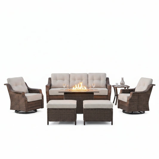 Luxurious 7 Piece Patio Furniture Set with Fire Pit Table, High Back Wicker Swivel Rocker Glider Outdoor Chairs with 6" Cushion, All-Weather Patio Conversation Set for Yard Garden - Brown/Beige