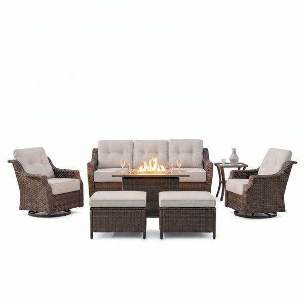 Luxurious 7 Piece Patio Furniture Set with Fire Pit Table, High Back Wicker Swivel Rocker Glider Outdoor Chairs with 6" Cushion, All-Weather Patio Conversation Set for Yard Garden - Brown/Beige