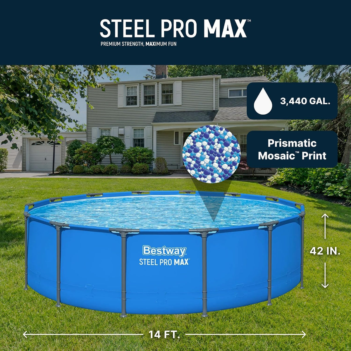 Steel Pro MAX 14’ X 42 above Ground Swimming Pool, Pool Only, Blue | round Durable Metal Frame Pool, Outdoor Backyard Water Activity - Includes Puncture-Resistant Liner, No-Tool Setup