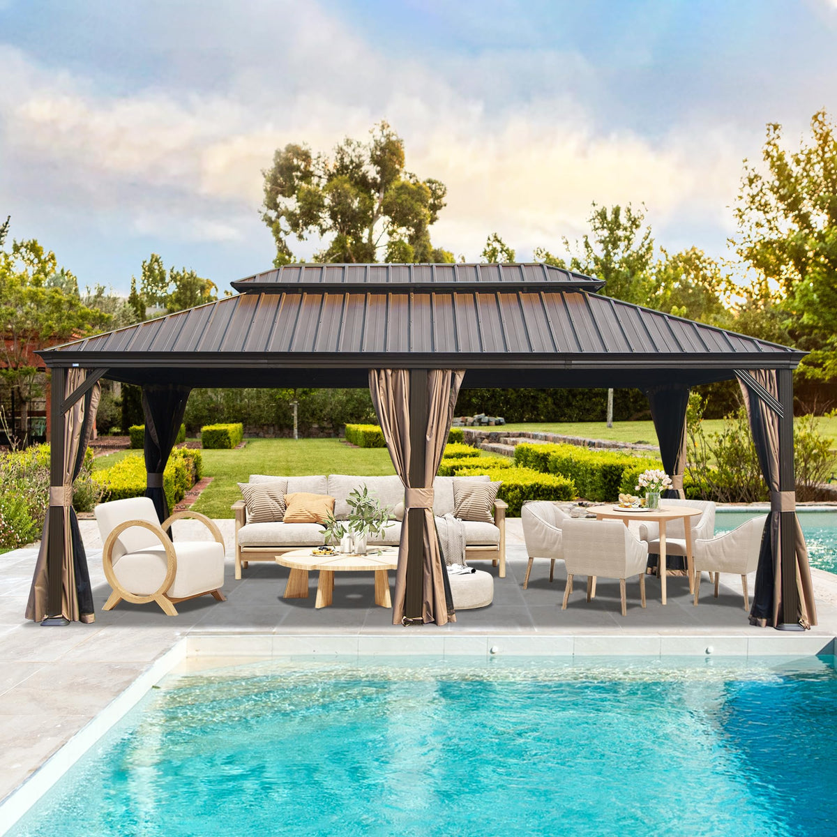 14' x 22' Hardtop Gazebo with Dual-Layer Steel Roof and Drainage - Grey or Brown